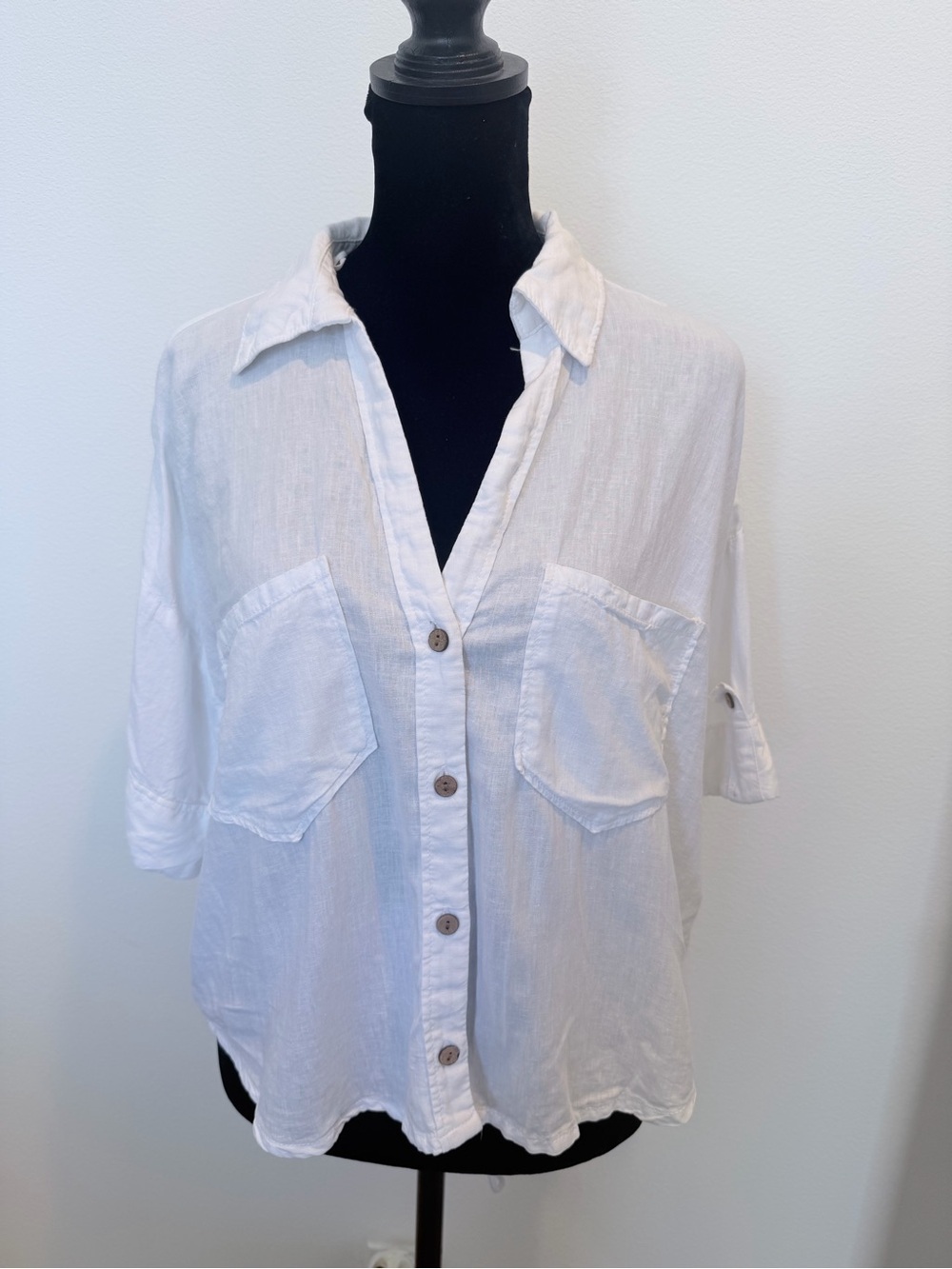 Zara White Button-Front Linen Blend Shirt